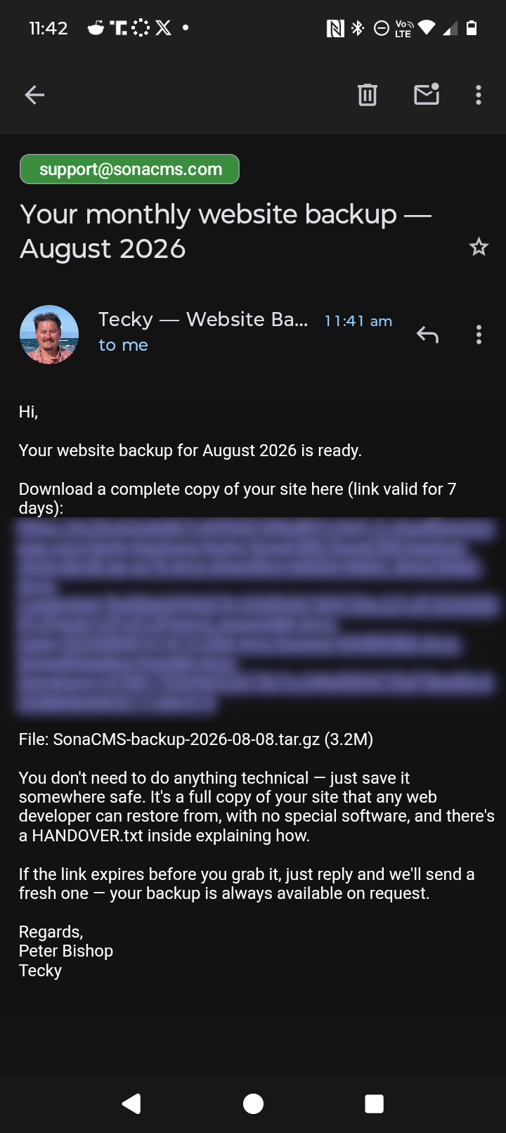 An email with a copy of your website delivered to your inbox every month.